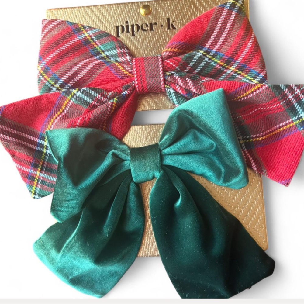 Piper K Red Plaid and Green Belvet Bow Set